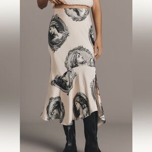 Anthropologie Bias-Cut Satin Midi Skirt NEW XS Ivory Pattern Art Portrait Bust